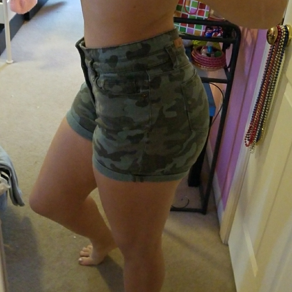 Camo denim shorts